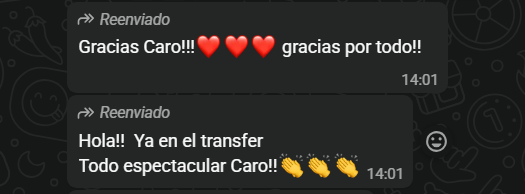 Captura original de los mensajes enviados desde el transfer