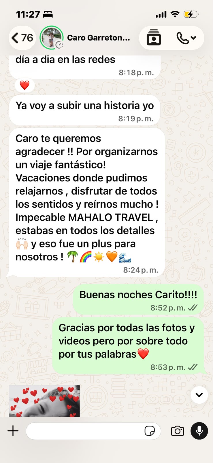 Mensaje original de agradecimiento por la organización del viaje